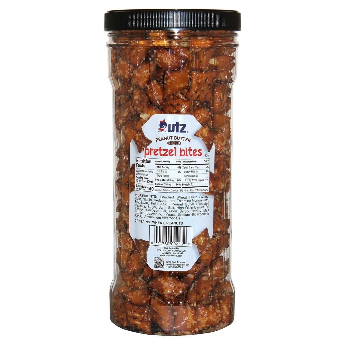 Utz Peanut Butter Pretzel Bites, 24 oz Canister (2 Count) – Crunchy Pretzel Nuggets with Creamy Peanut Butter Center, Quick Snacks with No Cholesterol, No Trans Fats, Brown