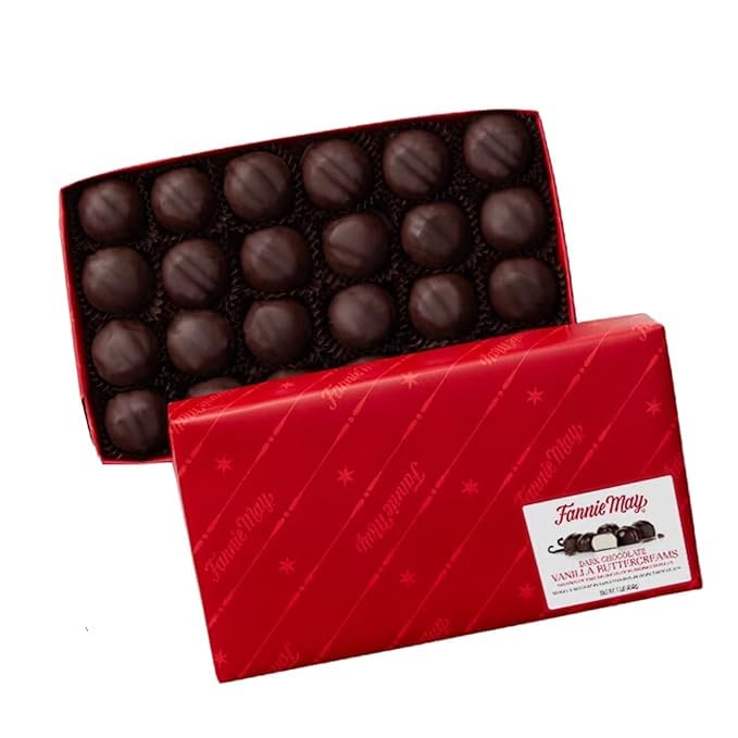 Fannie May Dark Chocolate Vanilla Buttercreams Signature Wrap - 1 lb. Box - Gift Basket with Gift Tag & Insulated Box