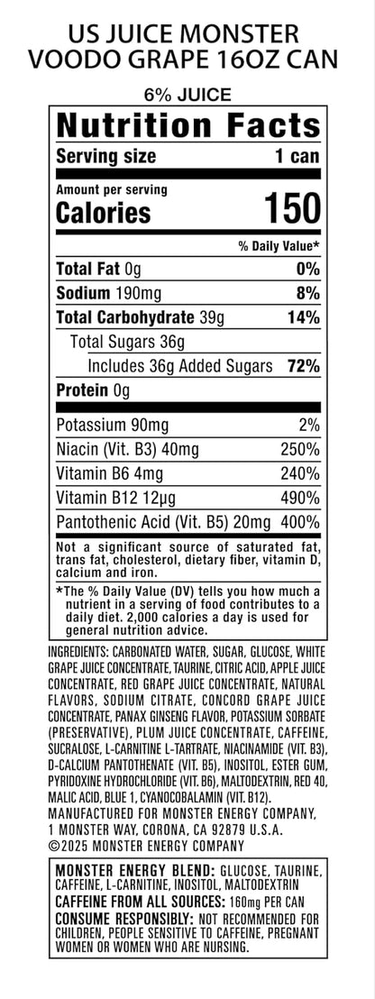 Monster Energy Juice, Voodoo Grape, Juice + Energy Drink, 15 Pack - 16 Fl Oz