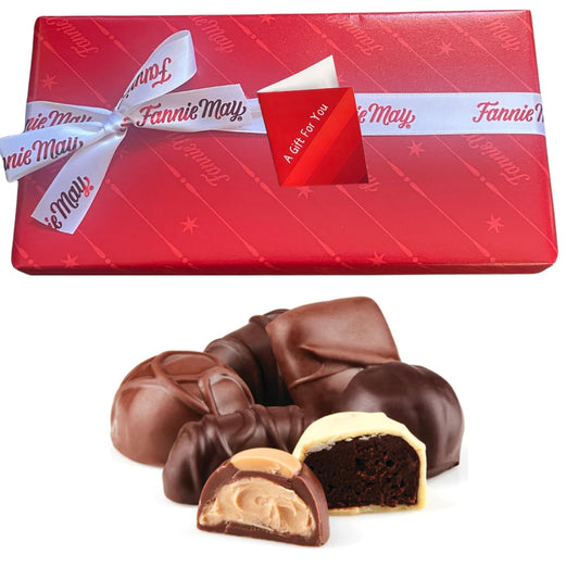 Fannie May Assorted Chocolates Wrap & Ribbon 1 lb. Box (Includes Dark and Milk Vanilla, Chocolate, Lemon, Raspberry, Strawberry Buttercreams, Butter Toffee, Trinidads, Caramels, Honey Nougat) Gift Basket with Gift Tag & Insulated Shipper