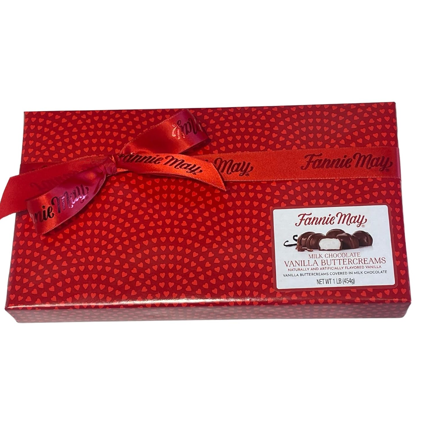 Fannie May Milk Chocolate Vanilla Buttercreams Signature Heart Print Chocolate Candy Gift Box, 1 lb