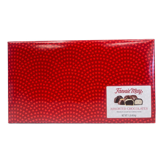 Fannie May Milk and Dark Chocolate - Assorted Chocolates (and ButterCreams, Trinidads, Butter Toffee, Honey Almond Nougat, Caramels) Signature Heart Print Wrap Chocolate Candy Gift Box, 1 lb