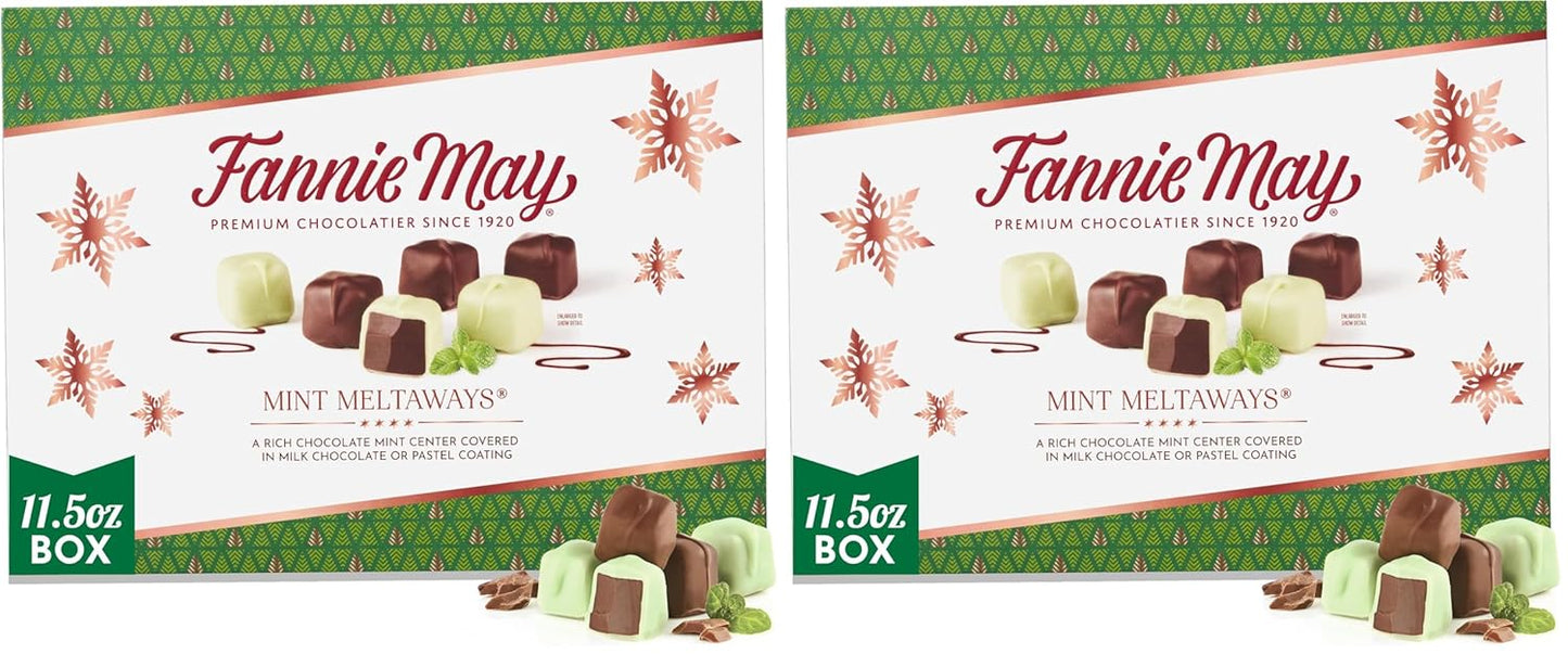Fannie May Mint Meltaway, Mint Chocolate Candy with Milk Chocolate Pastel Coating, Holiday Chocolate Gift Box, 11.5 oz