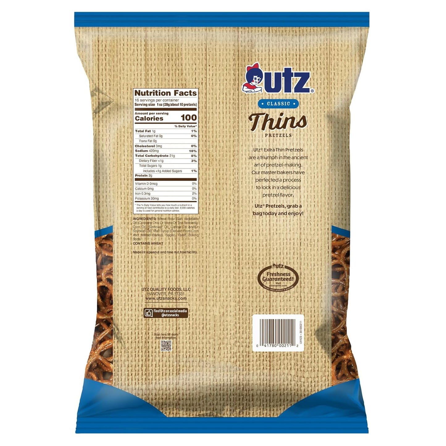 Utz Thin Pretzels, 16 Ounce