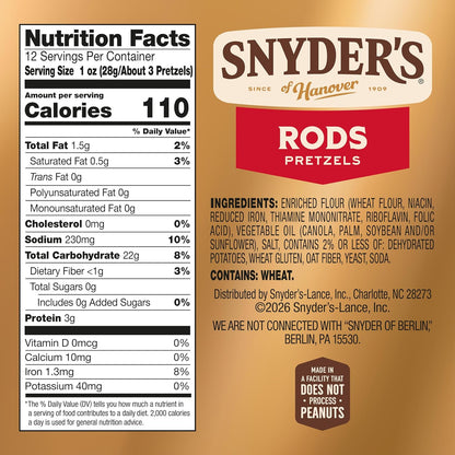 Snyder's of Hanover, Pretzel Rods, 12 Oz Bag