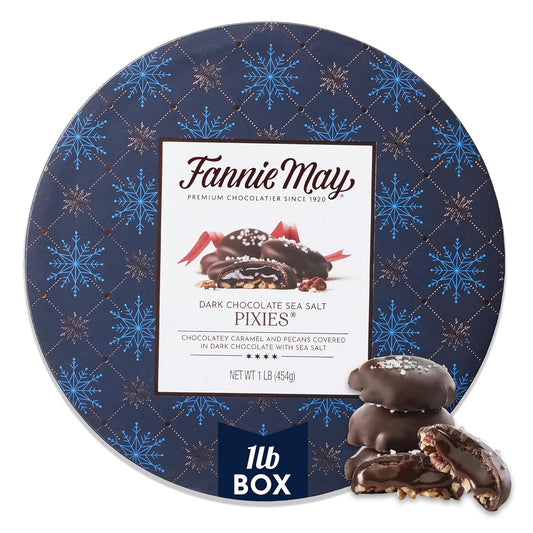 Fannie May Premium Dark Chocolate Sea Salt Pixies, Holiday Chocolate Gift Box, Gourmet Candy for Gifting, 1 lb