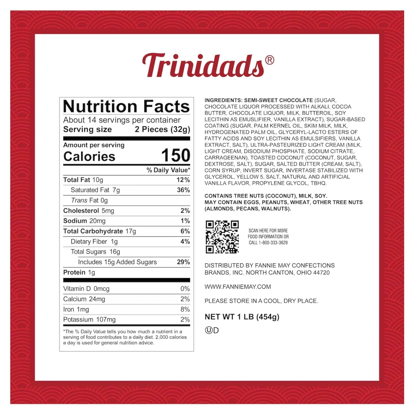 Fannie May Trinidads (toasted coconut - chocolate truffle) Signature Wrapt 1 lb. Box - Gift Basket with Gift Tag & Insulated Shipper