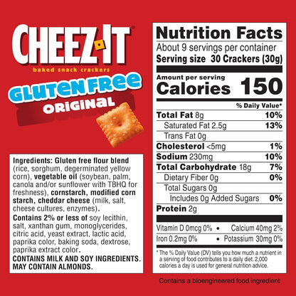 Cheez-It Baked Snack Crackers, Gluten Free, Lunch Snacks, Original, 9oz Box (1 Box)