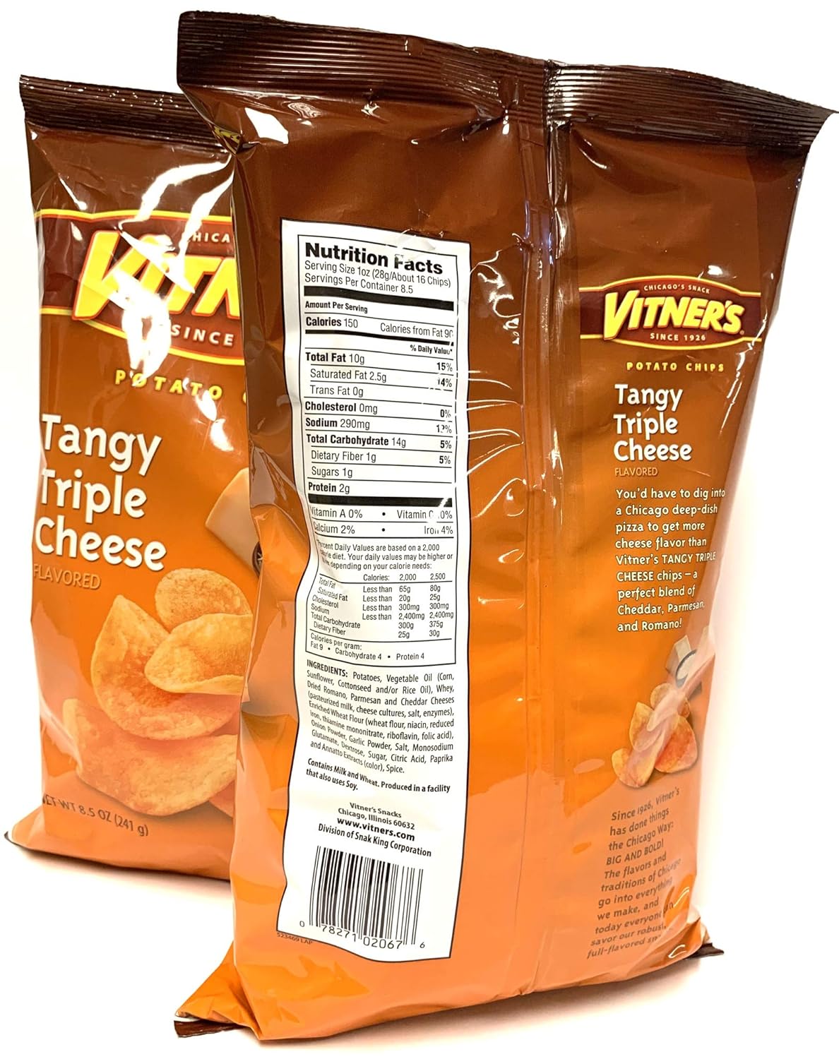 Chicago's Vitner's Tangy Triple Cheese Potato Chips 2 BIG 8.5 oz Bag pack
