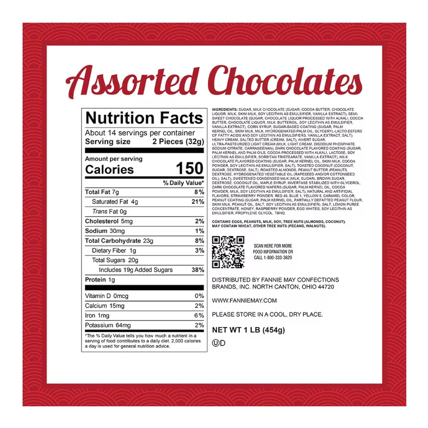 Fannie May Milk and Dark Chocolate - Assorted Chocolates (and ButterCreams, Trinidads, Butter Toffee, Honey Almond Nougat, Caramels) Signature Heart Print Wrap Chocolate Candy Gift Box, 1 lb