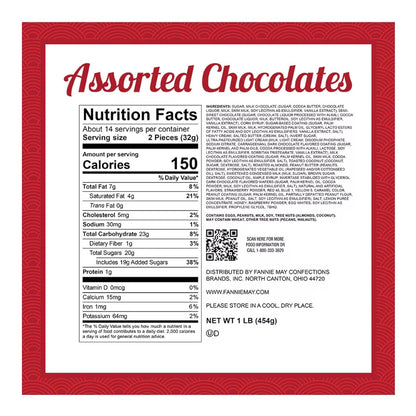 Fannie May Milk and Dark Chocolate - Assorted Chocolates (and ButterCreams, Trinidads, Butter Toffee, Honey Almond Nougat, Caramels) Signature Heart Print Wrap Chocolate Candy Gift Box, 1 lb