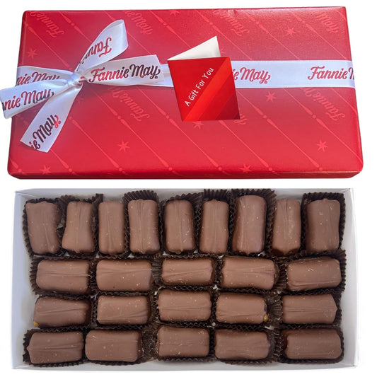 Fannie May Milk Chocolate Carmarsh 1 lb Gift Wrapped Combo with Artistix Christmas Shoppe Gift Tag