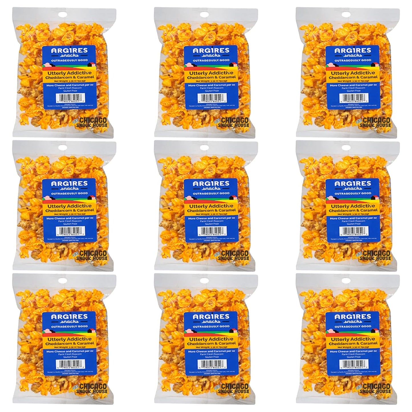 Argires Chicago Popcorn 9 pack Cheddarcorn and Caramel Mix 3 Ounce Bags - Muncie Box
