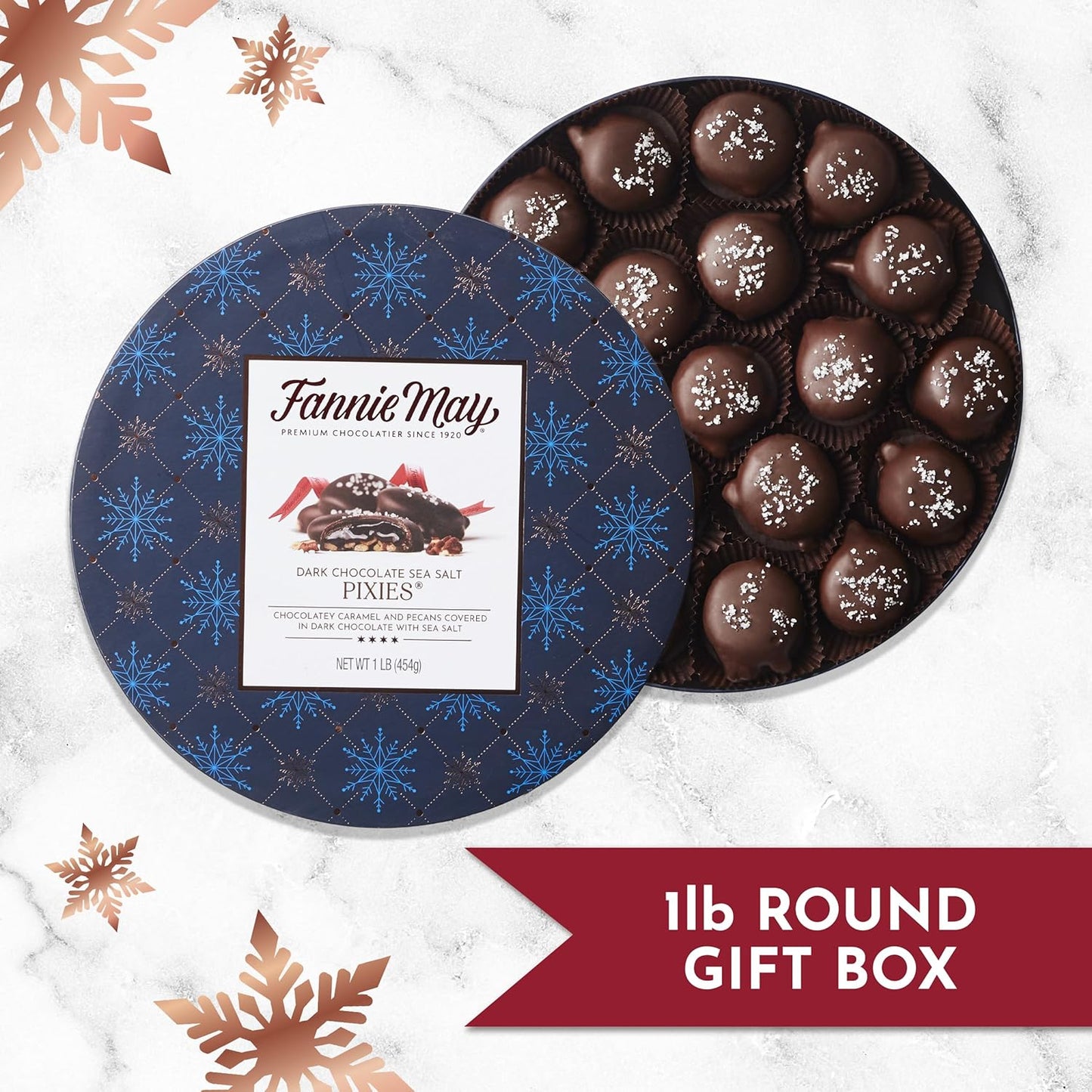 Fannie May Premium Dark Chocolate Sea Salt Pixies, Holiday Chocolate Gift Box, Gourmet Candy for Gifting, 1 lb
