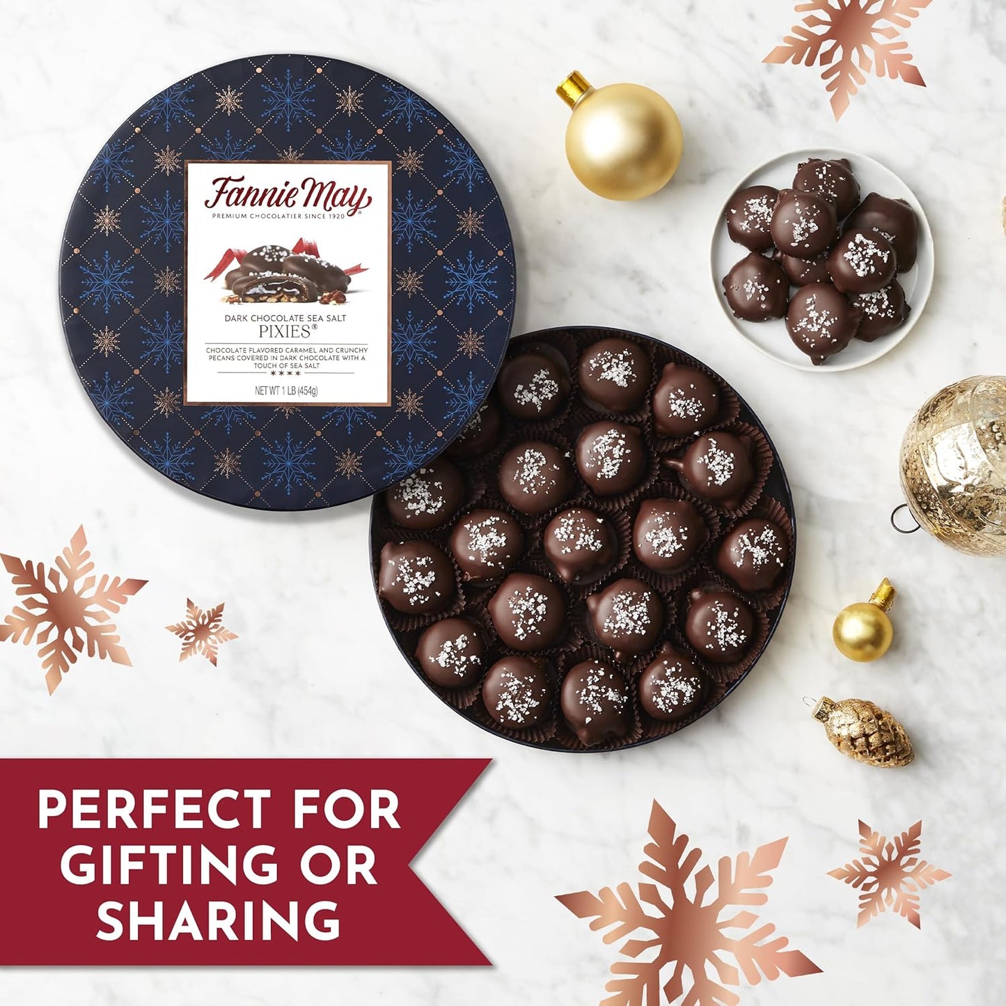 Fannie May Premium Dark Chocolate Sea Salt Pixies, Holiday Chocolate Gift Box, Gourmet Candy for Gifting, 1 lb